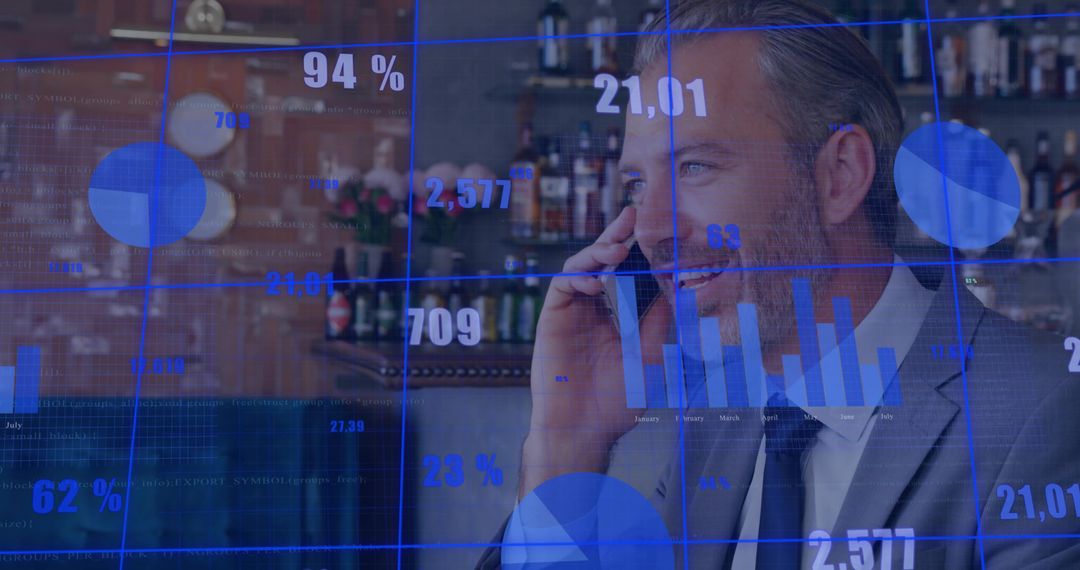 Executive Talking on Phone in Lounge with Financial Data Overlays and Digital Charts