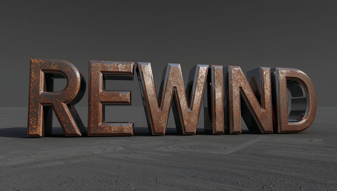Rusted Copper 3D REWIND Typography on Concrete Floor Minimalist Metallic Sculpture