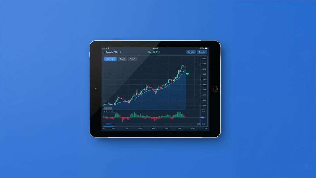 Tablet Displaying Financial Trading Chart on Blue Background