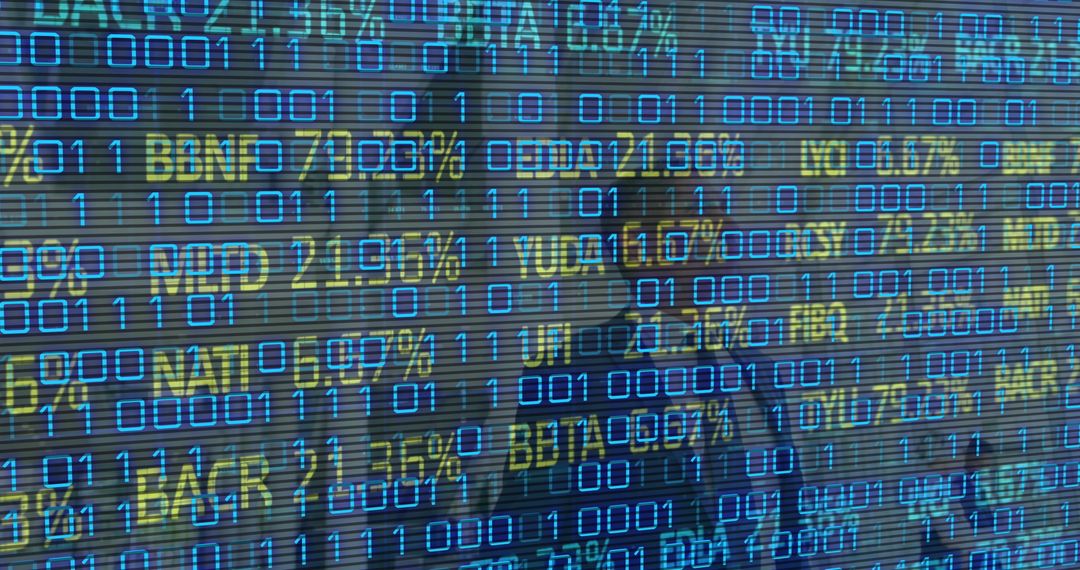 Financial Data Overlay on Business Team Discussing Strategy