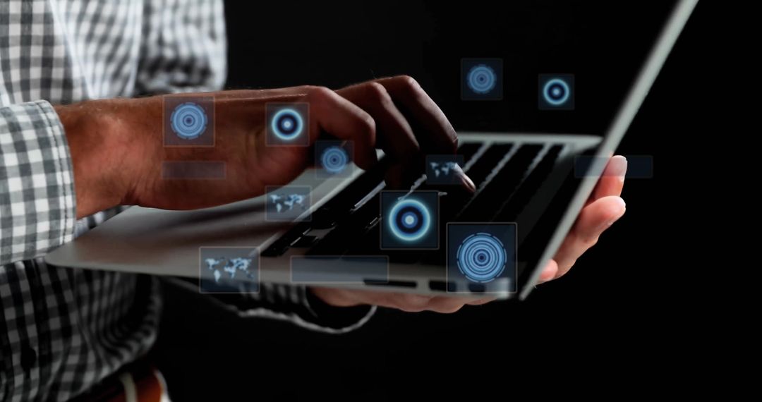 Businessman Typing on Laptop with Digital Interface and Scope