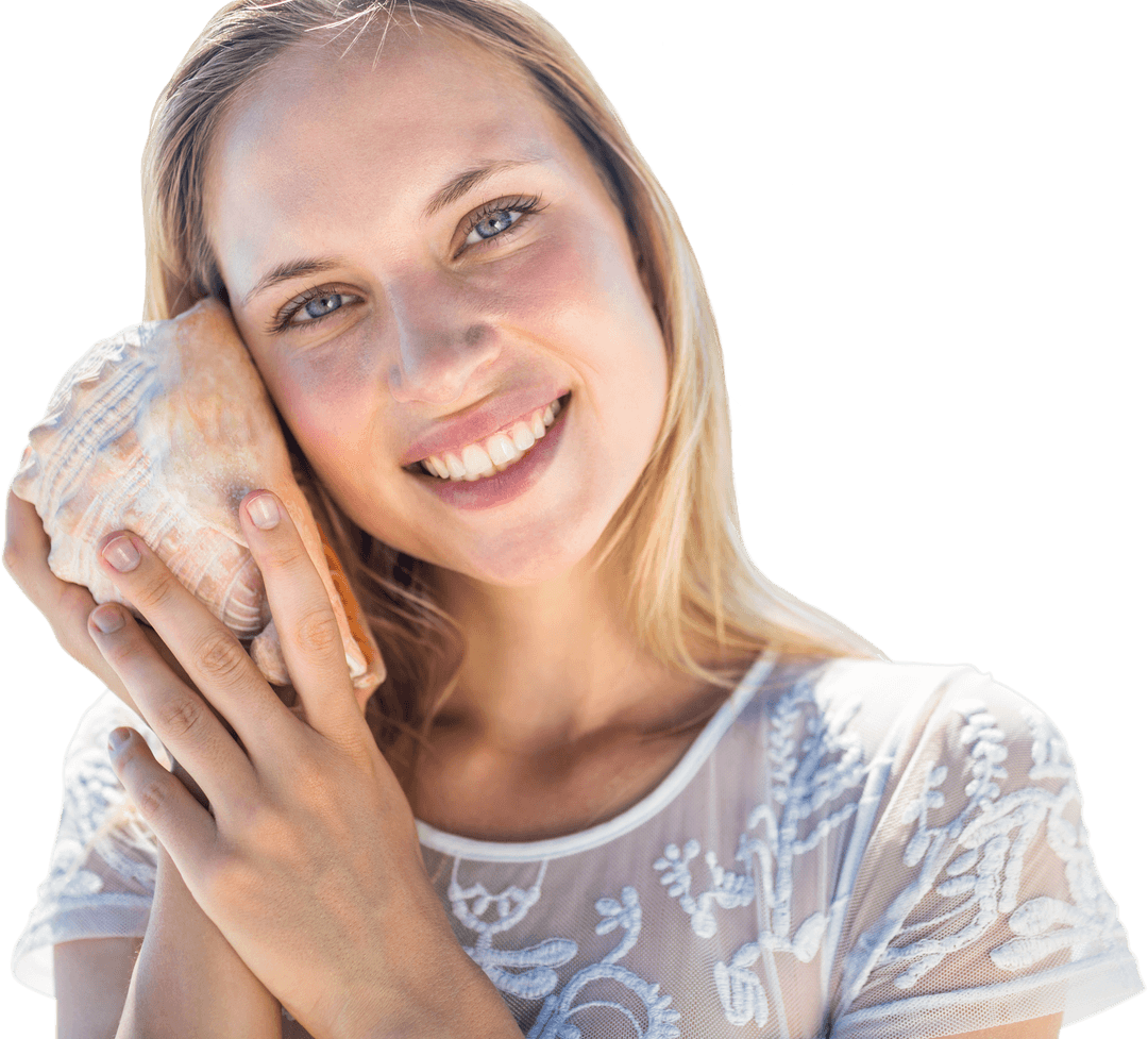 Happy Woman Holding Seashell Transparent Background