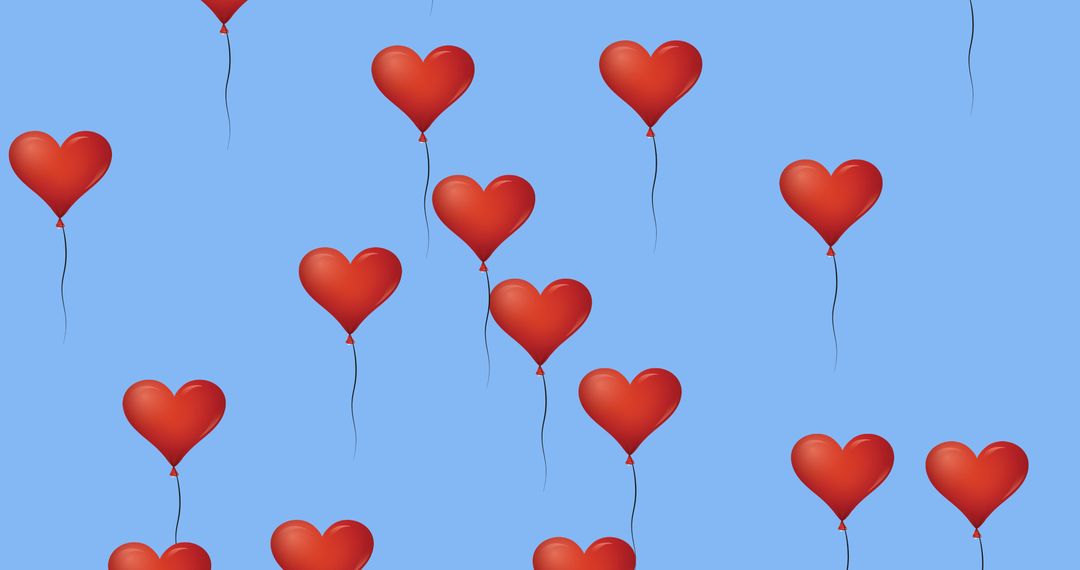 Floating Digital Red Heart Balloons on Blue Background