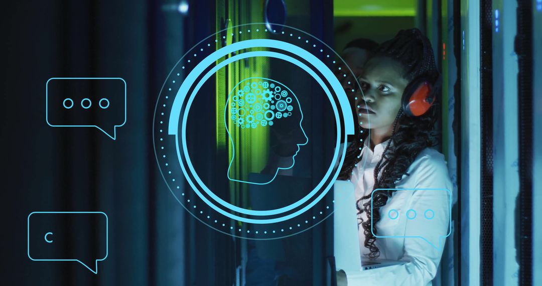 IT Woman Managing Servers with AI Visualization Hologram