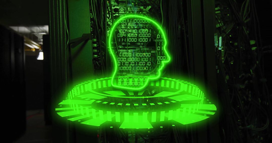 Cybersecurity Hologram with Digital Head in Server Room