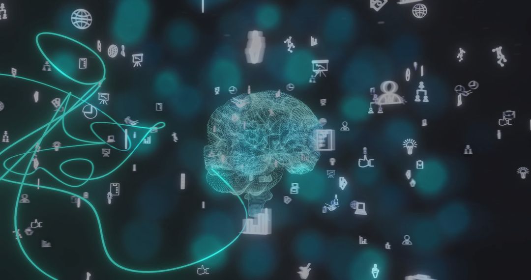 Digital Brain Surrounded by Spinning Media Icons