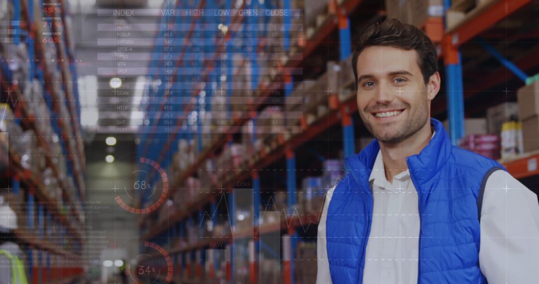 Man in Warehouse with Digital Data Overlay