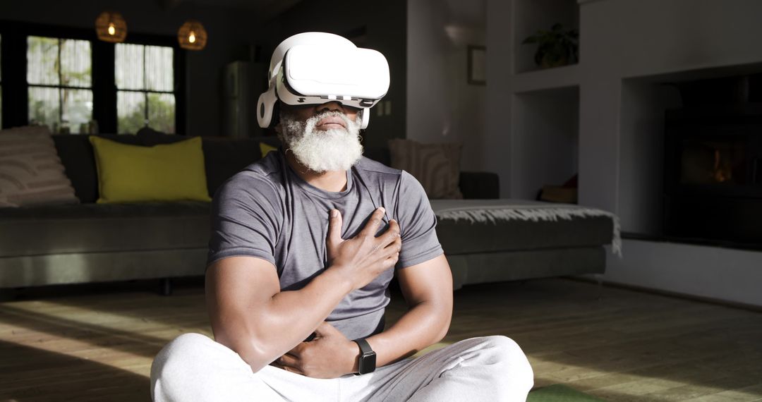 Senior Man Engaging in Virtual Reality Meditation at Home