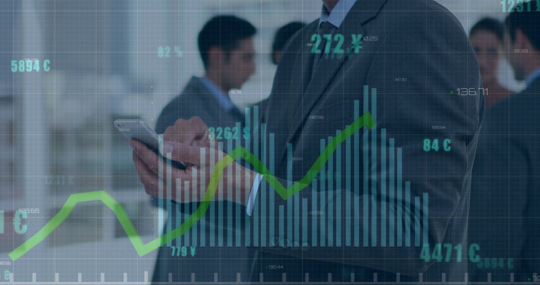 Businessman Analyzing Stock Market on Smartphone with Data Overlay