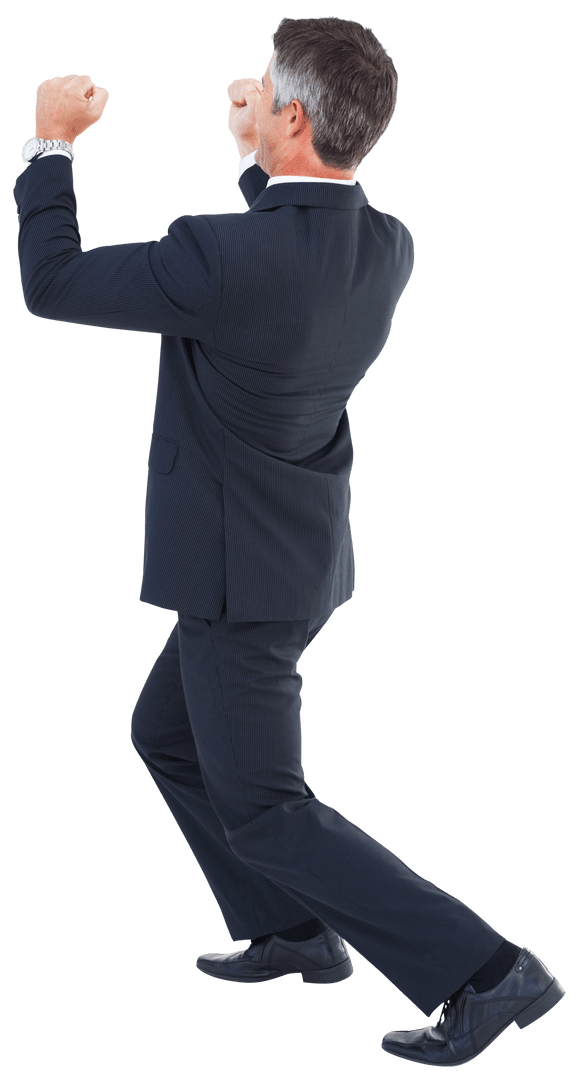 Elated Businessman Cheering with Raised Fists on Transparent Background