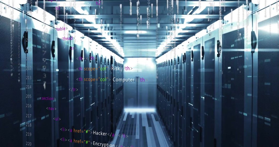 Server Room with Digital Data Overlay Illustrating Global Connectivity