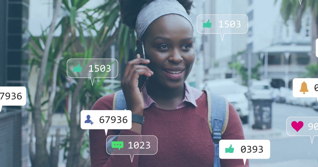 Smiling Woman Engaging in Social Media While Walking Through City