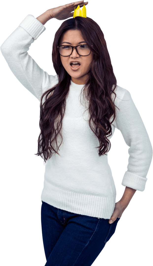 Asian Woman with Transparent Background Playfully Wears Paper Crown