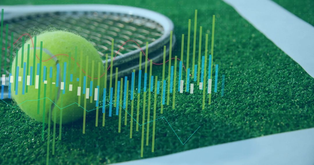 Tennis Gear on Grass Court with Digital Data Overlay Showing Statistics