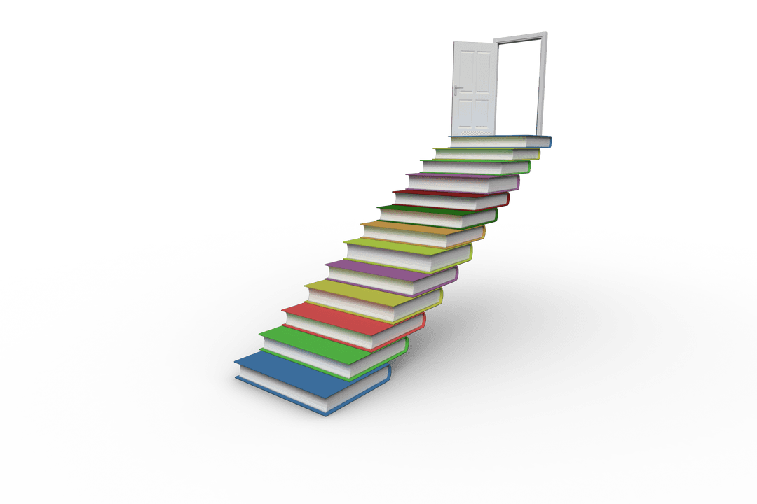 Books Forming Staircase with Open Door on Transparent Background