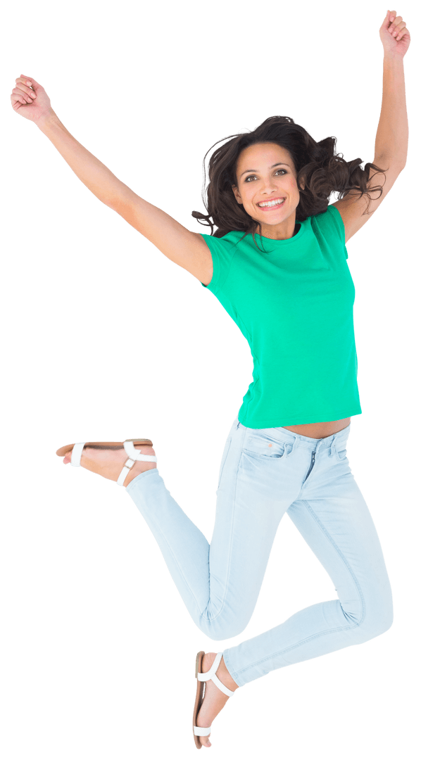 Cheerful Brunette Woman Jumping with Joy on Transparent Background