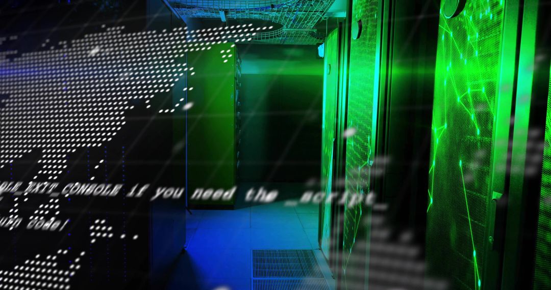 High-Tech Server Corridor with Digital Code Overlay