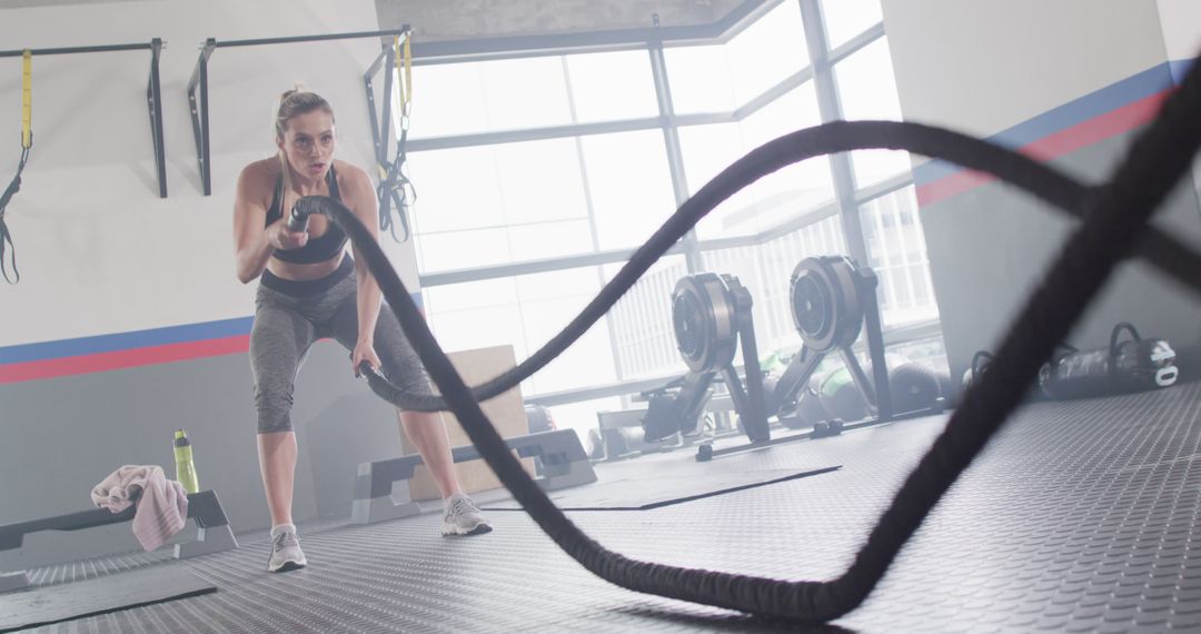 Female Athlete Using Battle Ropes in Modern Gym for Strength Training - Free Images, Stock Photos and Pictures on Pikwizard.com