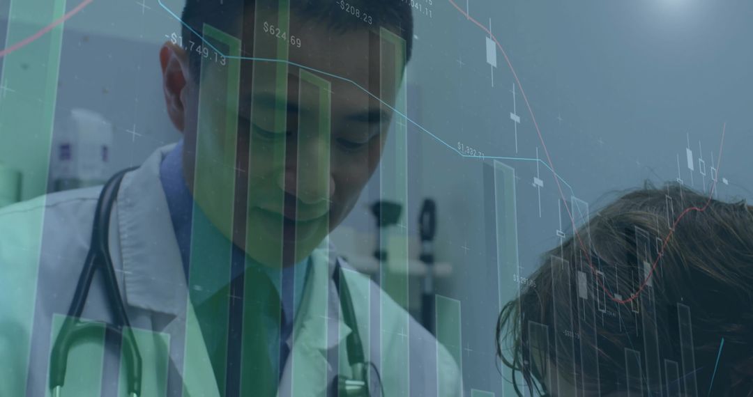 Physician listening to pediatric patient with data visualization overlays and charts