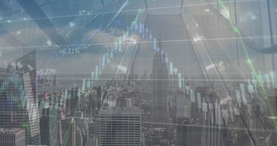 Digital Financial Data Overlay on Urban Skyline Conceptual Imagery