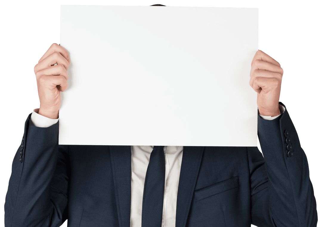 Transparent Businessman Holding Blank Card with Hidden Face