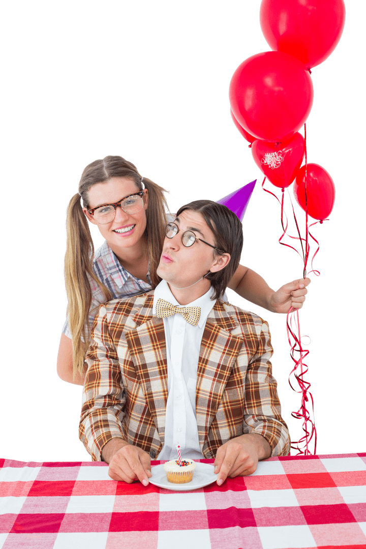 Transparent Geeky Couple Celebrating Birthday with Balloons