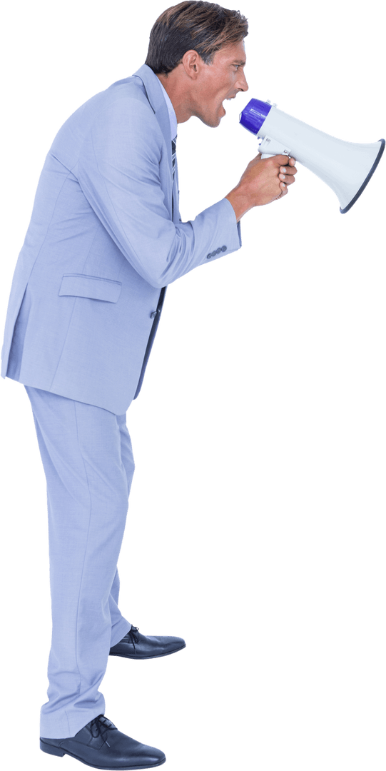 Transparent Businessman Speaking into Megaphone in Professional Attire