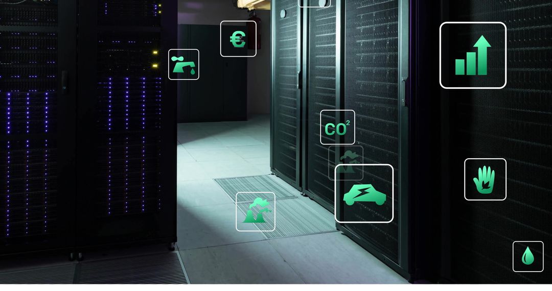 Eco Tech Icons Displayed Above Futuristic Server Room