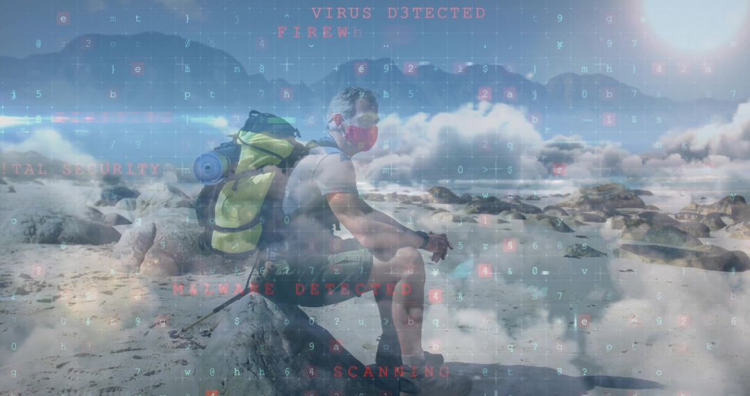 Masked Hiker on Rubble Inspire Digital Traversing Adventure Background