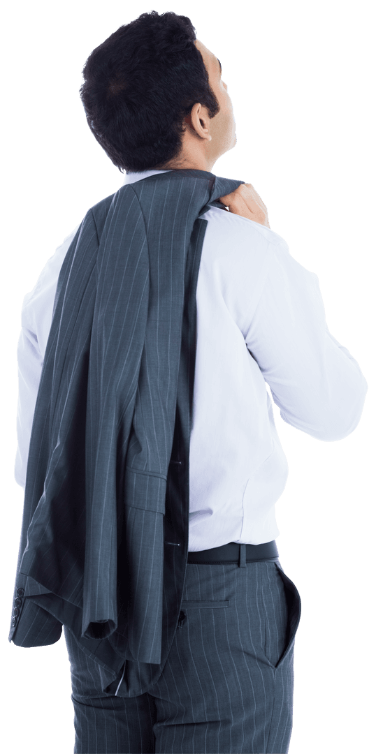 Back View Biracial Businessman Holding Suit on Transparent Background