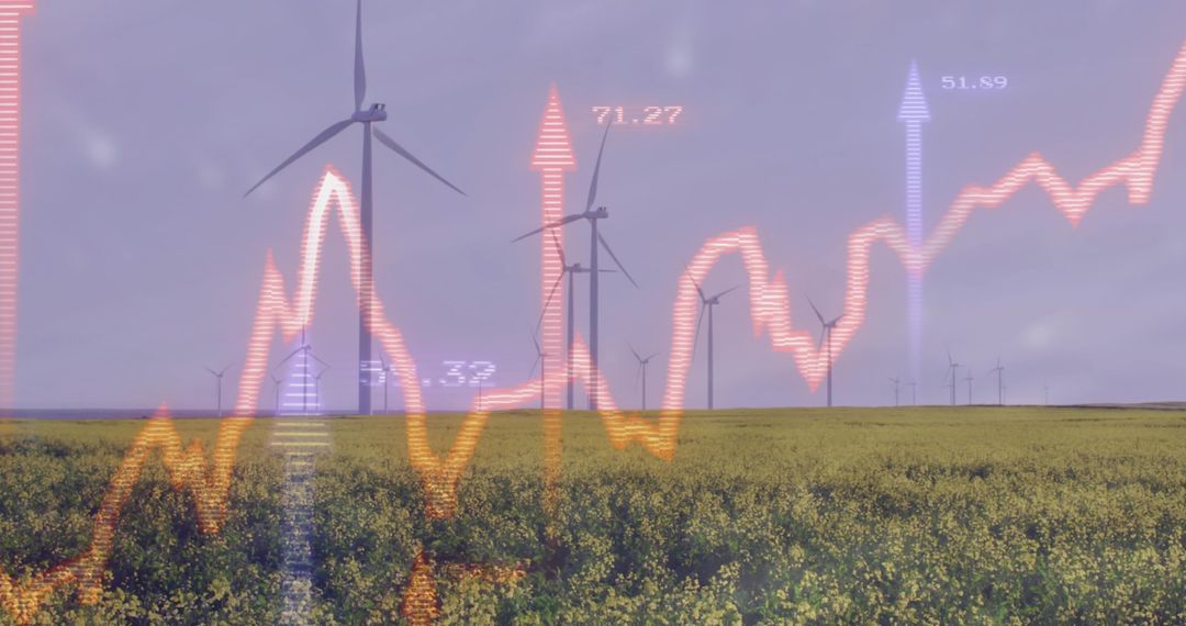 Wind turbines with rising stock chart overlay over canola field boosting clean energy growth