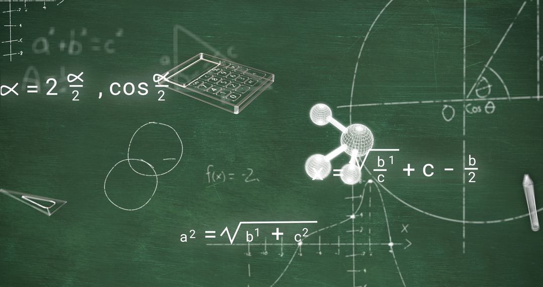 Mathematical Equations with Digital Elements on Green Chalkboard Background