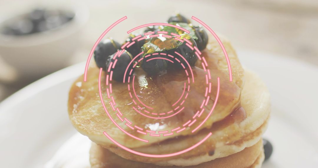 Fluffy Pancake Stack with Blueberry Topping and Syrup, Pink Circular Digital Overlay