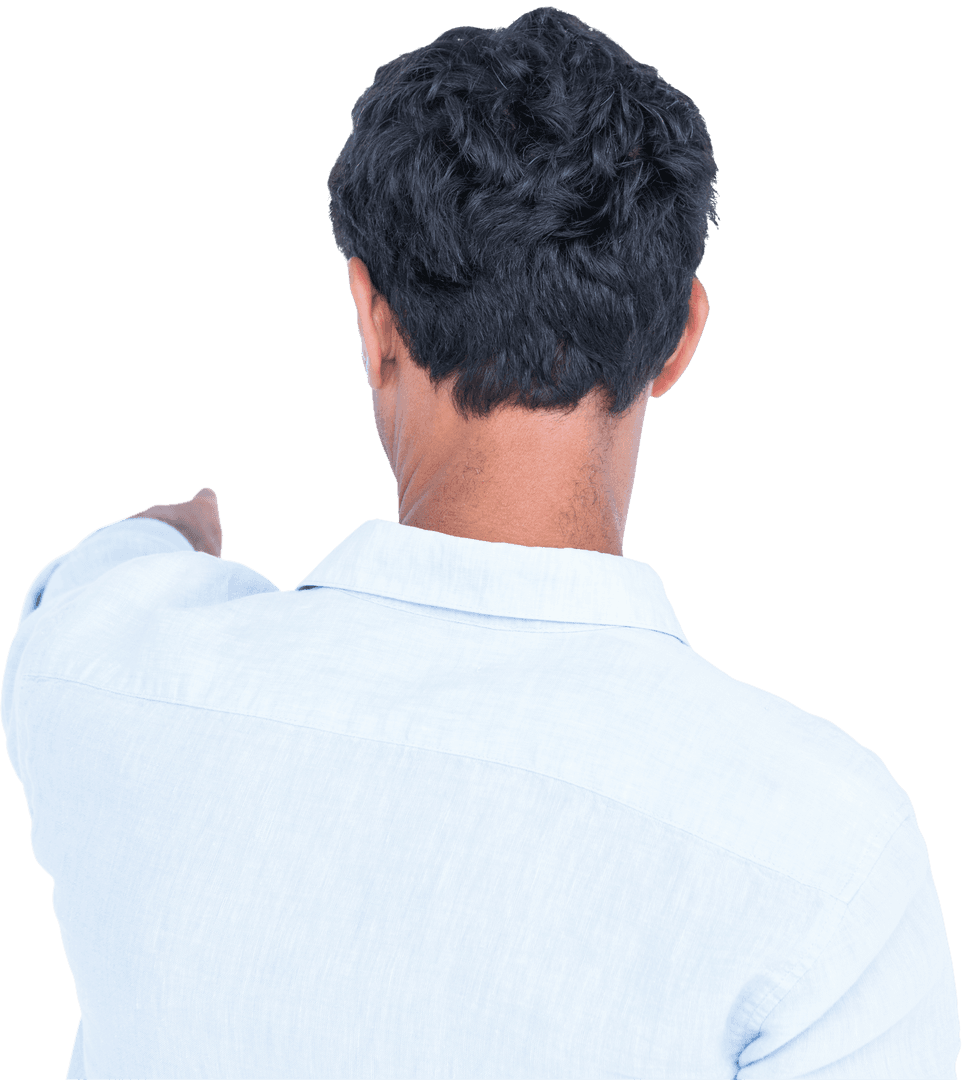 Rear View of Man in Shirt Pointing on Transparent Background