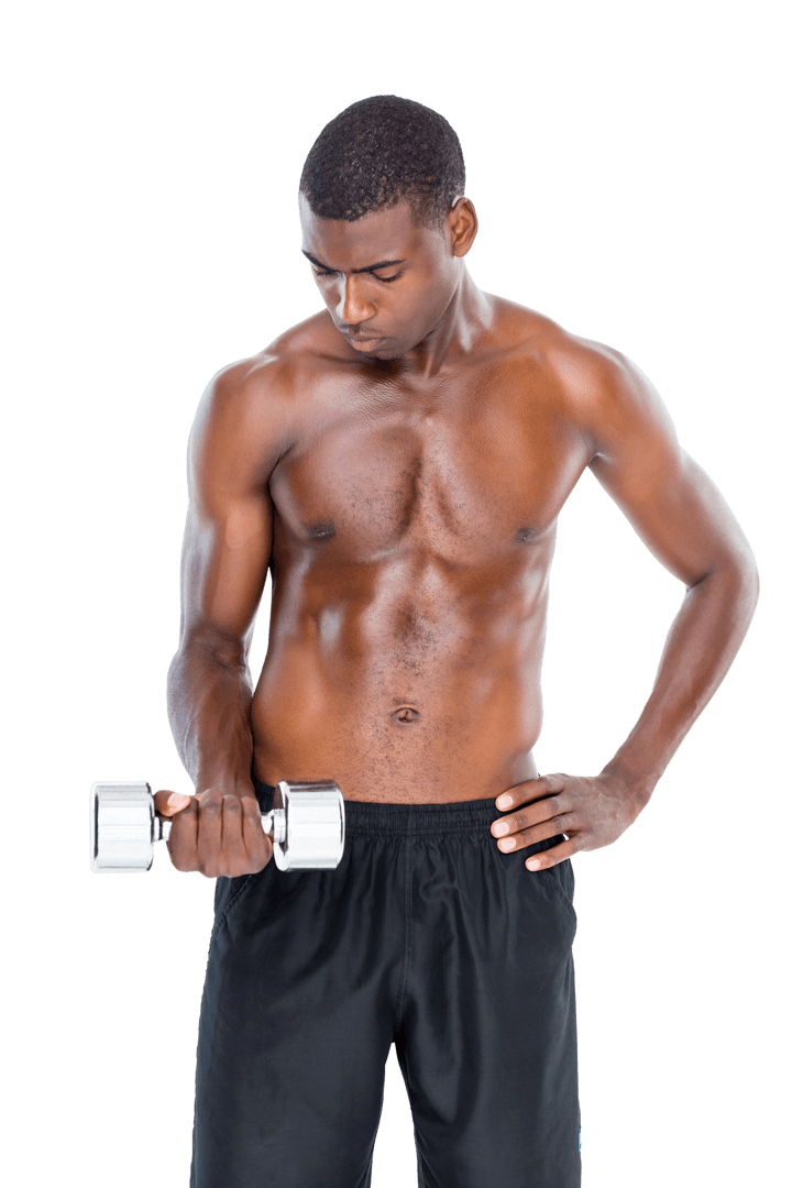 Athletic Man Demonstrating Dumbbell Workout on Transparent Background