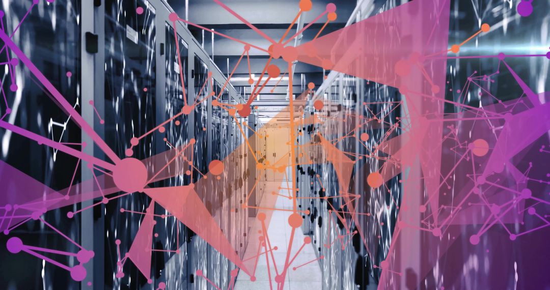 Futuristic Data Center Corridor with Digital Network Visualization
