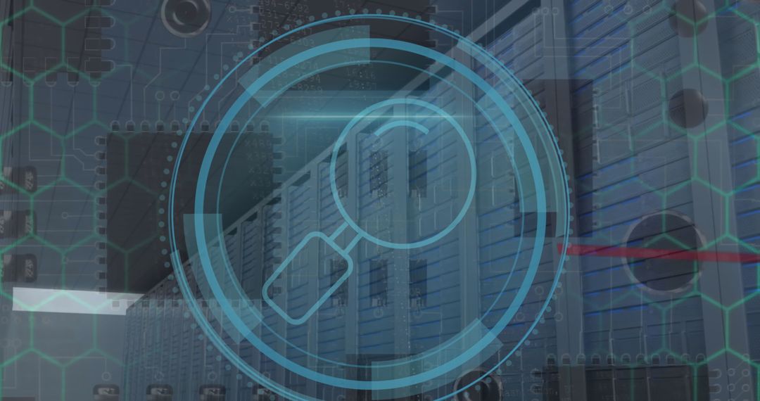 Magnifying Glass Icon Over Computer Servers Illustrating Data Processing Theme