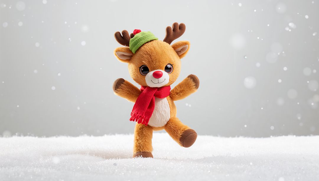 Playful plush reindeer in green hat and red scarf dancing on snow with falling flakes