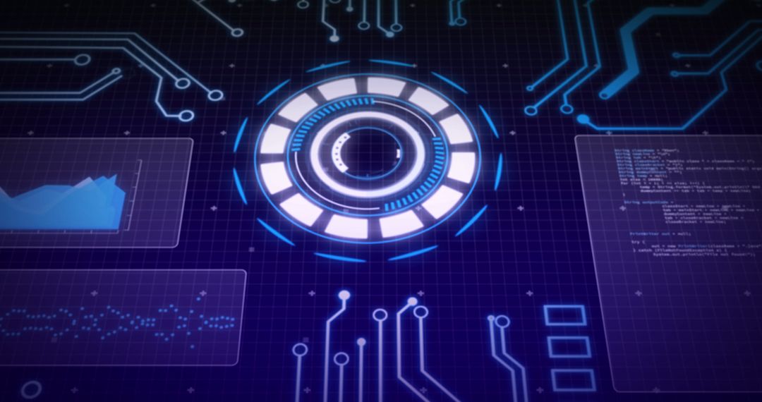 Futuristic Digital Interface with Circuit Designs and Screen Data