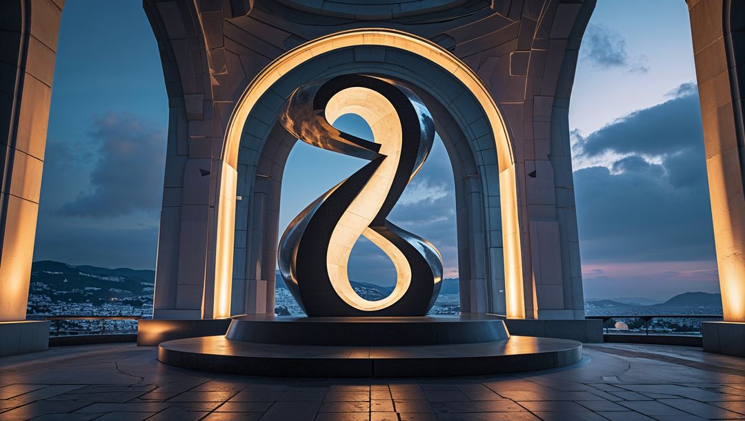Illuminated Infinity Loop Sculpture at Dusk
