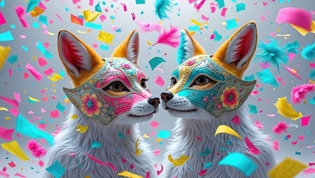 Elegant foxes with venetian masks amid whimsical confetti in a crazy scene