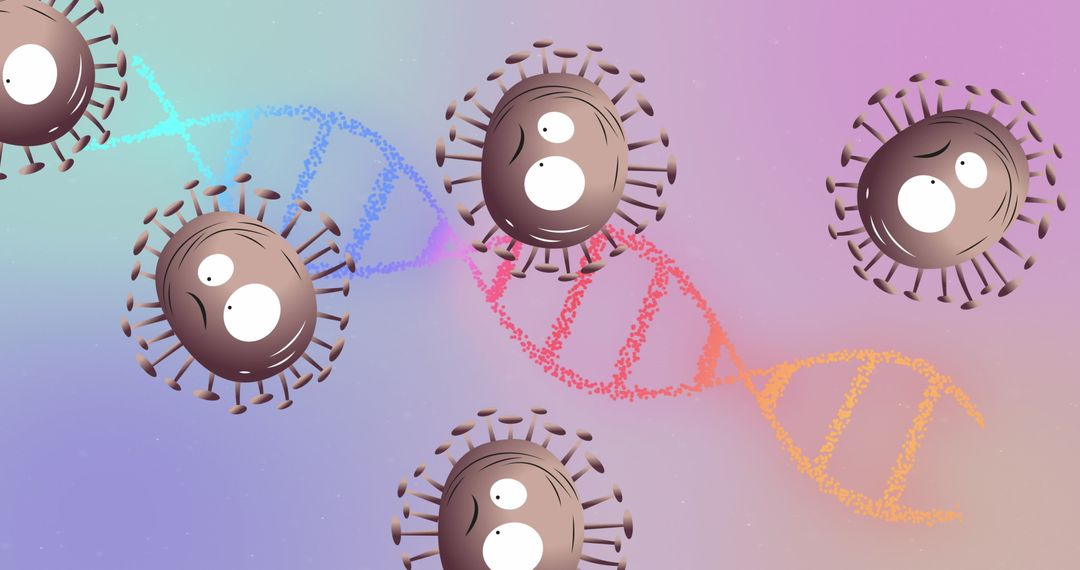 Colorful DNA Helix with Cartoon Viruses in Digital Art Scene