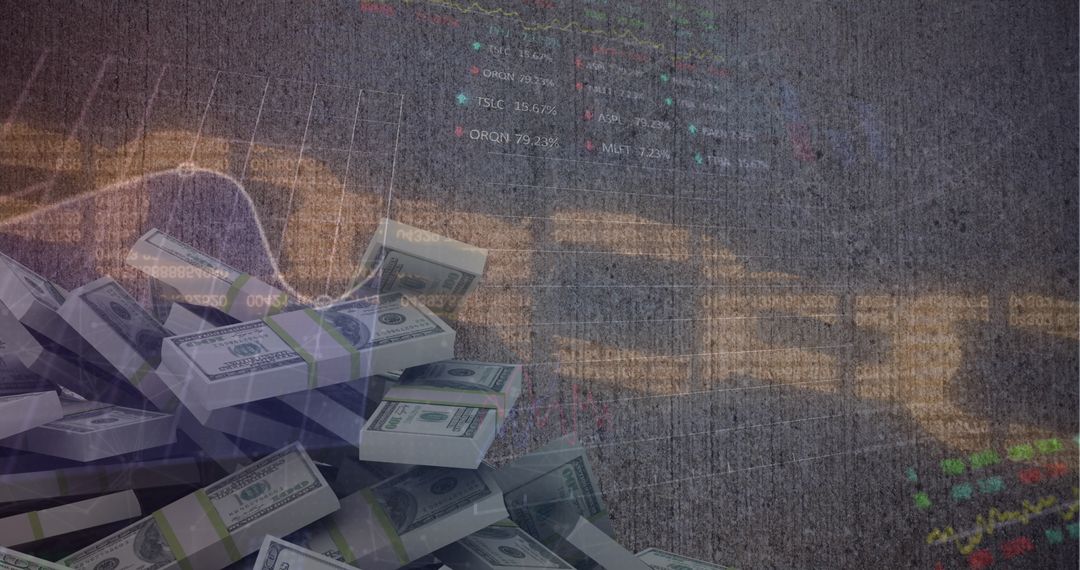Stacks of Cash with Overlaid Stock Market Data Analytics