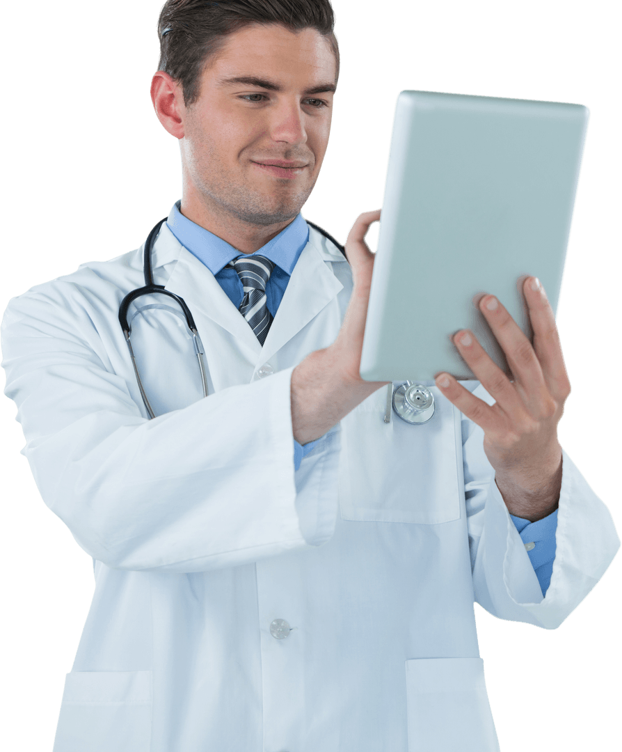 Smiling Male Doctor Using Digital Tablet on Transparent Background