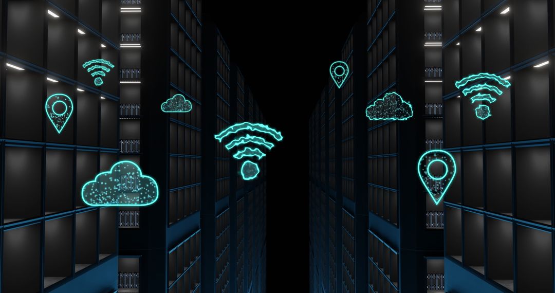 Digital Cloud and WiFi Icons over Server Racks in Data Center