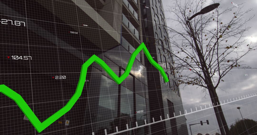 Financial Chart Overlaying Urban Architecture Reflecting Market Trends