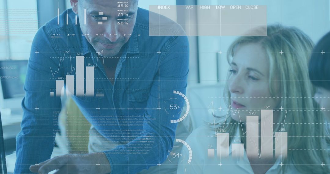 Business Team Analyzing Data with Futuristic Infographics