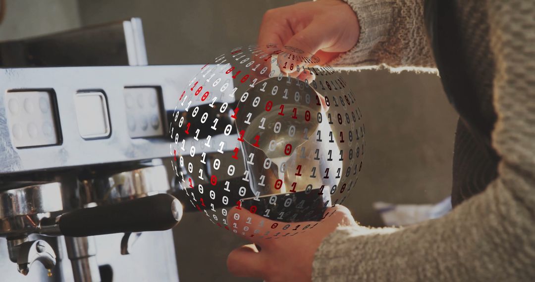 Barista Steaming Milk with Binary Code Overlay Representing Digitalization in Coffee Industry