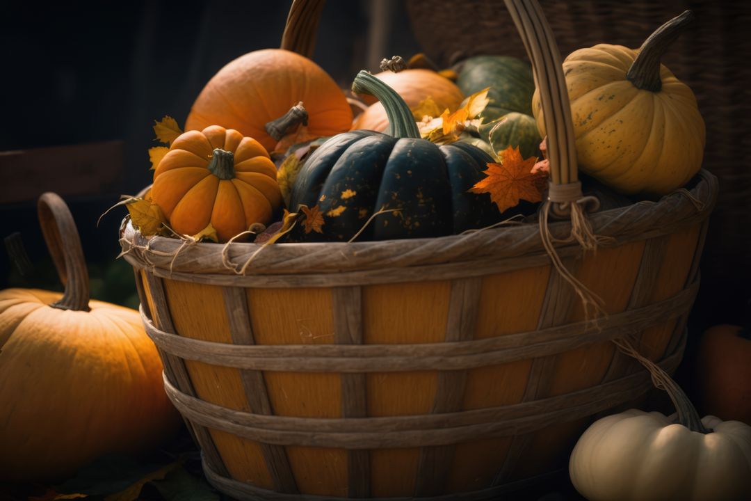 Wooden basket with colorful pumpkins and autumn leaves created using generative ai technology - Free Images, Stock Photos and Pictures on Pikwizard.com