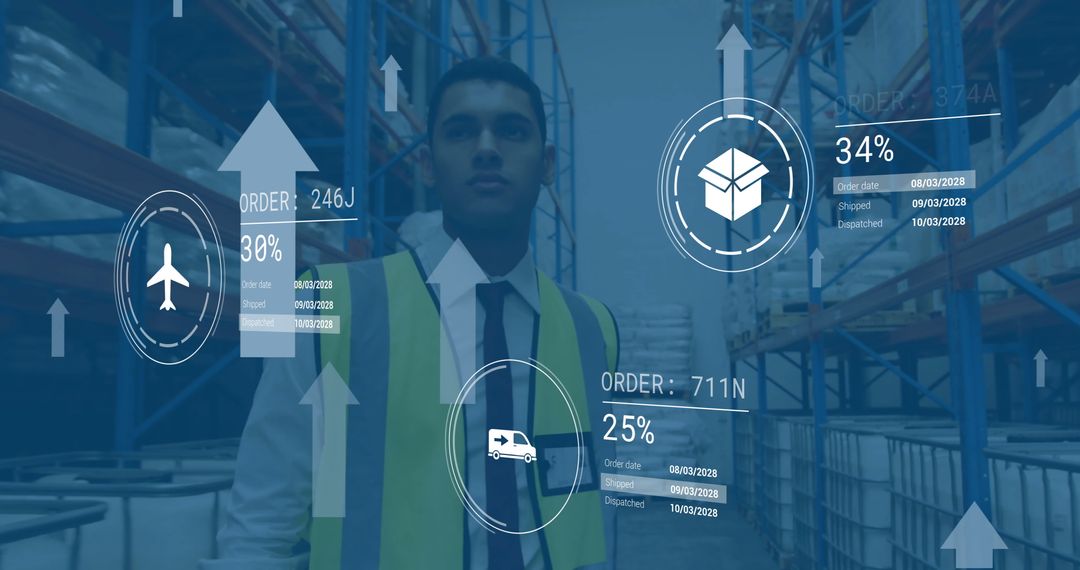 Warehouse Worker Surrounded by Digital Shipping Data